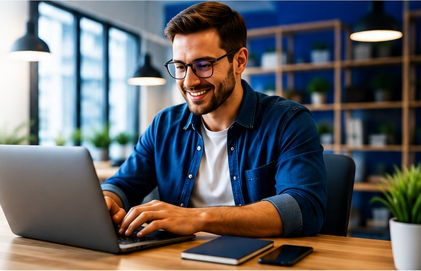Profissional trabalhando em um escritório com computador e site profissional